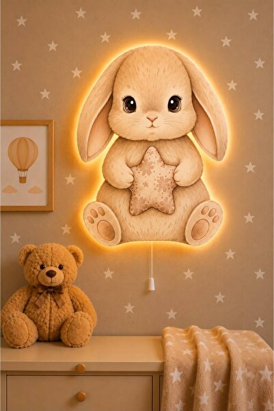 BugyBagy Ahşap Tavşan Ledli Gece Lambası Bebek Çocuk Odası-Yıldız Sticker Hed...