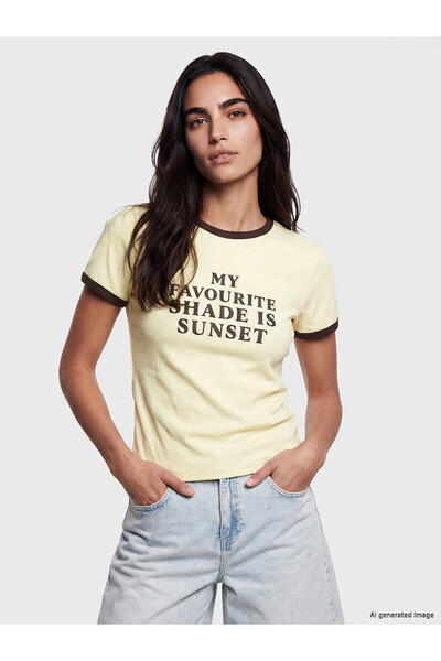 LC Waikiki Trendlucky Women's T-Shirt with Oval Collar and Printed Design