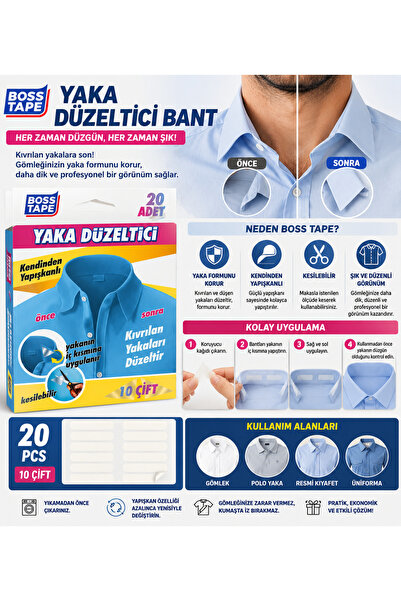 Hobikolik Yaka Düzeltici Bant 20 Adet (10 Çift) Kendinden Yapışkanlı Gömlek Y...