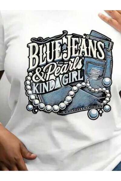 Astogria13 Blue Jeans Pearls Womens T Shirts 180G Heavyweight T-Shirt. With B...