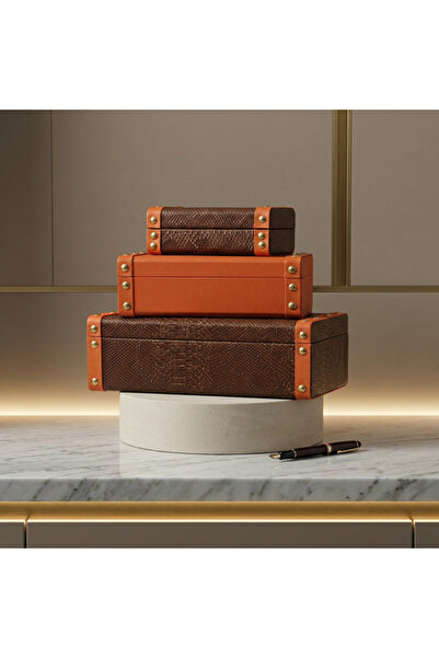 Generic Brand مجموعة من 3 صناديق صندوق جلدي - بني وبرتقالي - 8×10×19 سم - 9×1...