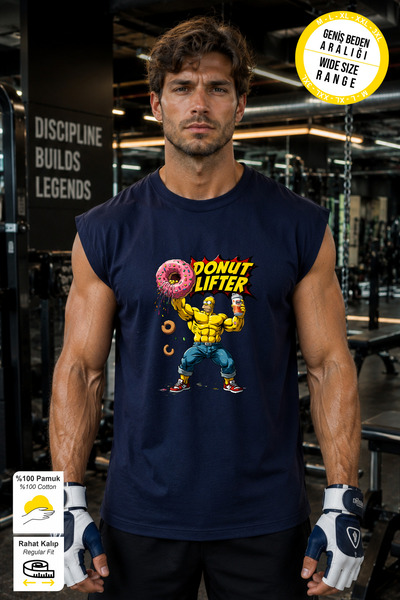 BESSA Navy Blue Donut Lifter Printed Crew Neck Sports Athlete's Undershirt Co...