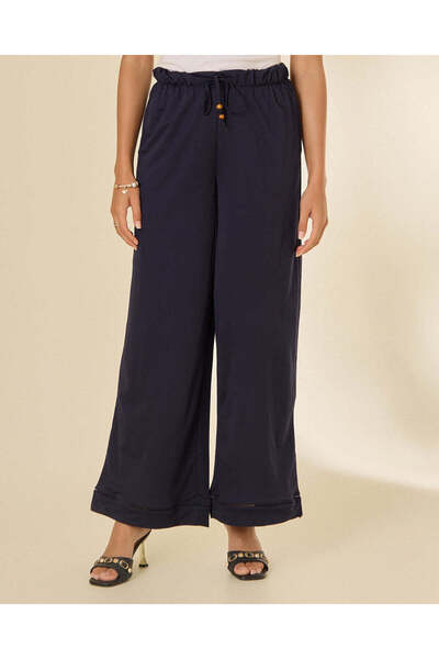 REDTAG Women Navy Plain Ladder Lace Detailed Wide Leg Trousers
