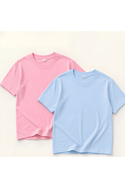 Basic Oversize Bisiklet Yaka Tişört 2'li Paket Mavi & Pembe