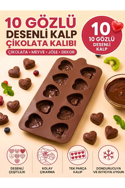 Tasarım Evi 10-Cavity Patterned Heart Silicone Chocolate Mold - Flexible, Can...