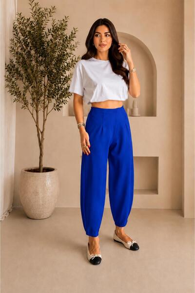 MevaMoss Pantaloni model Shalwar din țesătură albastră Saks, cu talie elastică