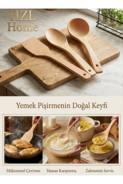 HZL HOME 3'lü Bambu Mutfak Seti - Ahşap Spatula, Karıştırma Kaşığı & Servis K...