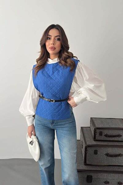 Moda Days طقم قميص وبنطلون نسائي باللون الأزرق، مبطن ومرسوم بنقشة، مع حزام وأ...