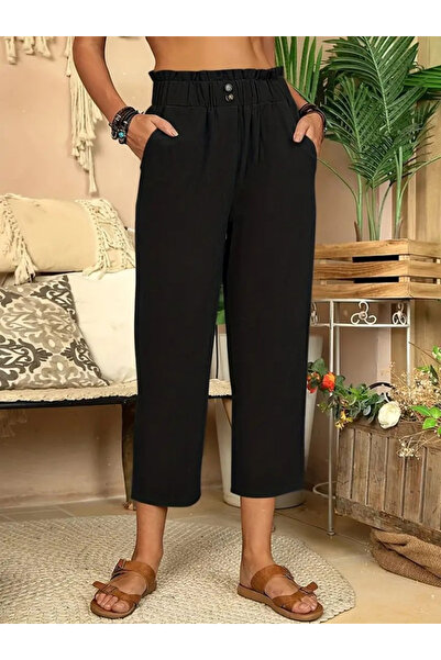 Wear Up بنطال كابري كتان مع تفاصيل رباط وزر نسائي
