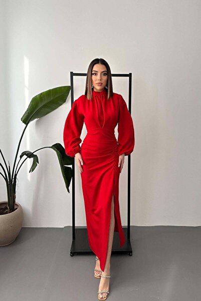 Moda Days Women's Red Long Sleeve High Neck Gathered Slit Maxi Pencil Dress