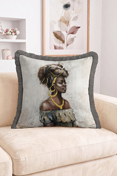 Realhomes African Woman Portrait and Gold Jewelry Detailed Fringed Throw Pill...