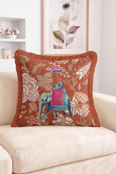 Realhomes Indian Elephant Figured Floral and Leaf Patterned Fringed Throw Pil...
