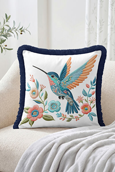 Realhomes Hummingbird Bird and Flower Embroidery Look Patterned Fringed Throw...
