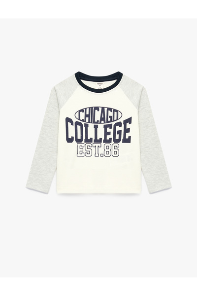 Koton Cotton Long Sleeve Crew Neck Textured Printed T-Shirt