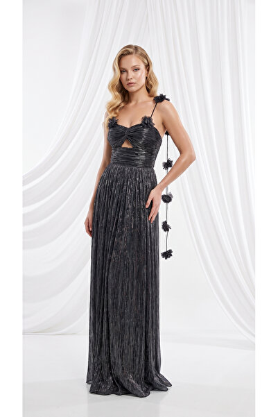 holie dress İP ASKILI ÇİÇEK APLİKELİ SİMLİ PLİSELİ A KESİM UZUN ABİYE ELBİSE