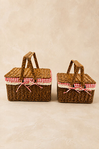 KaiHome Set of 2 Wicker Picnic Baskets – Red Gingham Decorative Basket Set wi...