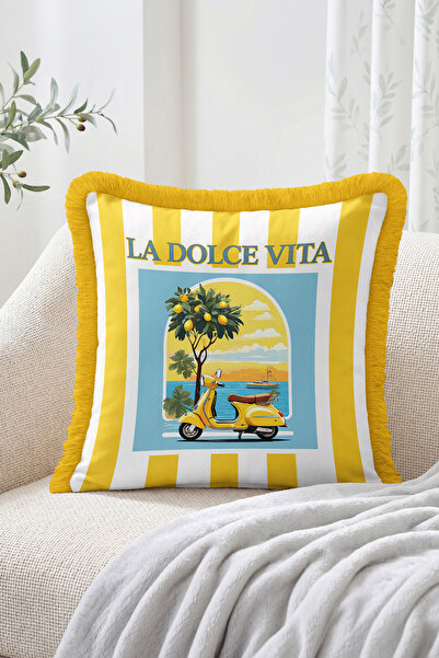 Realhomes La Dolce Vita Written Sea Scenery and Scooter Figure Striped Fringe...
