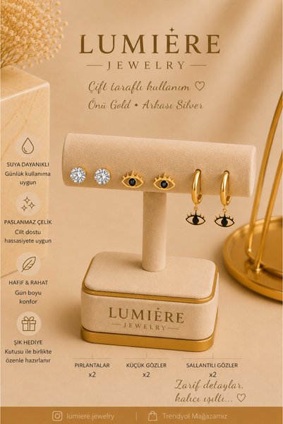 LUMİERE JEWELRY 316L ÇELİK GOLD GÖZ TAŞLI 3’LÜ KÜPE SET