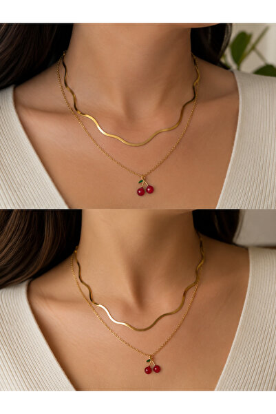 Bymiel Women's Gold Color Cherry Figured Double Chain Wavy Design Necklace
