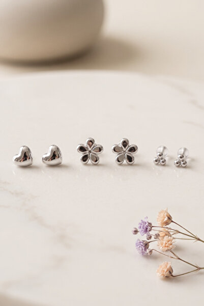 Elika Silver Silver Color Minimal Heart, Flower, Top Model Triple Earring Set
