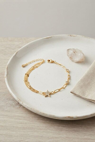 norsary Gold Color Brass Paperclip and Chain Star Model Women's Bracelet