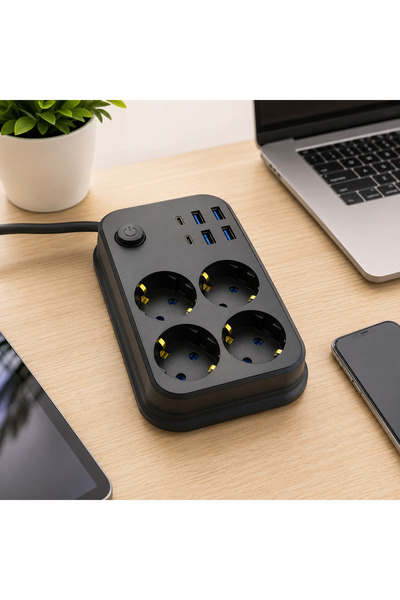 SNA 4'lü Akım Korumalı Çoklayıcı Priz 4 USB + 2 Type-C Girişli 2500W 2 Metre ...