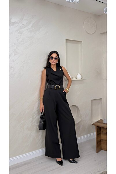 miraylawear MAYA SİYAH RENKLİ KEMER DETAYLI KADIN TULUM ELBİSE