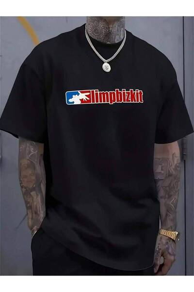4Car تي شيرت رجالي أسود من Linp Bizkit بتصميم ستريت وير مع لمسات حمراء وزرقاء...