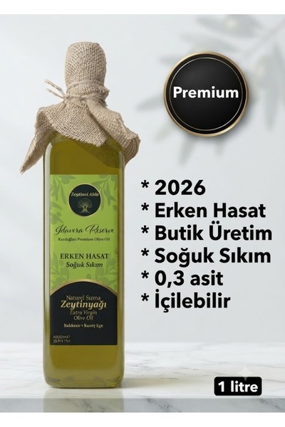 Premium Zeytinyağı 2026 Erken Hasat Soğuk Sıkım Natural Sızma 1 lt - Cam Şişe