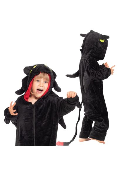 OEM Costum Kigurumi dragon pentru copii — pijama salopetă neagră, model inspi...