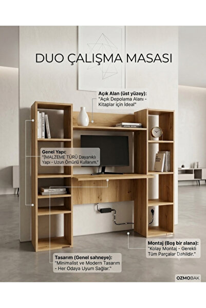 ozmobak Duo Çalışma Masası Kitaplıklı Raflı Laptop Bilgisayar Masası Modern A...
