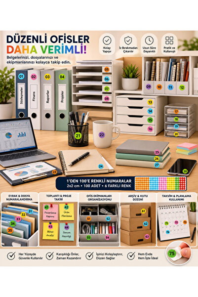 cyatelier Numara Etiketi Sticker Seti 1-100 | Renkli Organizasyon Etiketi | D...
