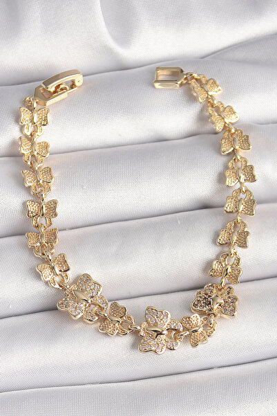 Hobibahçem Brass Gold Color Zircon Stone Butterfly Model Chain Women's Bracelet
