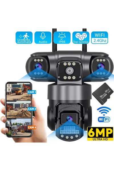VeeShop Camera Supraveghere WiFi 6MP, Tripla, 3 Ecrane, Zoom 10X, Unghi 1490°...