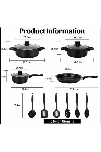 Generic Brand Set vase de gatit 13 piese, oale si tigaie antiaderente, capace din sticla si ustensile din nylon