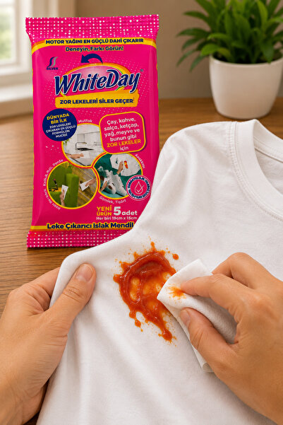 WHİTEDAY Leke Çıkarıcı Islak Mendil 5 Adet (1 Paket) – Çay, Kahve, Salça, Ketçap, Yağ ve Zor Lekeler İçin Pratik Temizlik