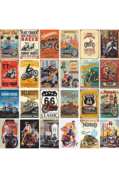 bin ler ce tablo klasik motosiklet poster seti. Route 66 ve pin up kızlarıyla...
