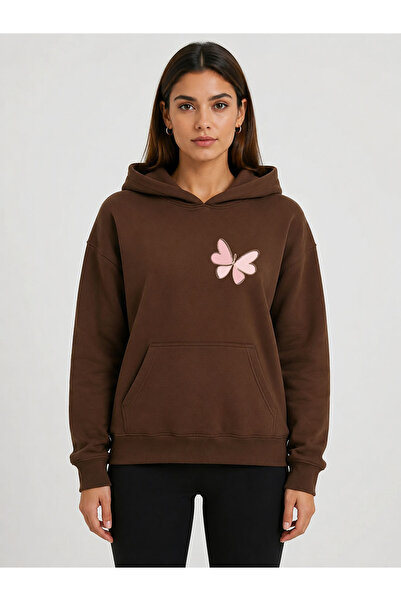 herkesemoda Butterfly Printed Hooded 2 Thread Threaded Sweatshirt