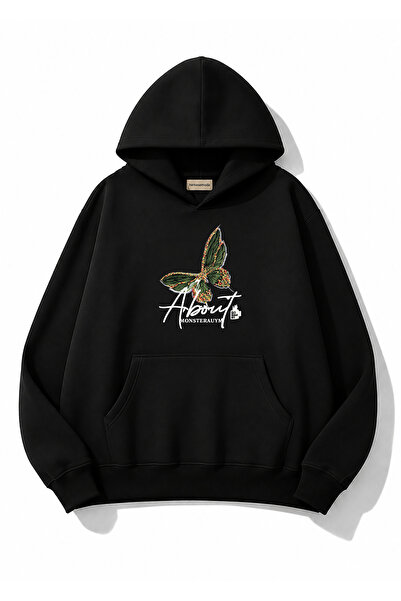 herkesemoda Green Butterfly Printed Hooded 2 Thread Threaded Sweatshirt