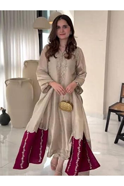 MYSMAR Cream Pure Zari Handwork Suit Set - FFT6835 | Cream & Maroon-Size:L-40...