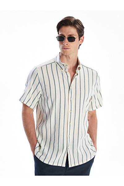 LC Waikiki Nevavm Regular Fit Short Sleeve Striped Linen Look Men's Shirt wit...