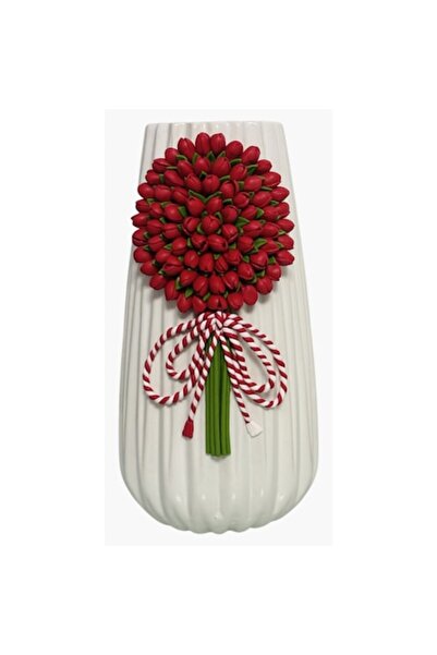 OEM Vază ceramică decorată manual cu boboci de lalele roșii – 25 cm - Cadouri...