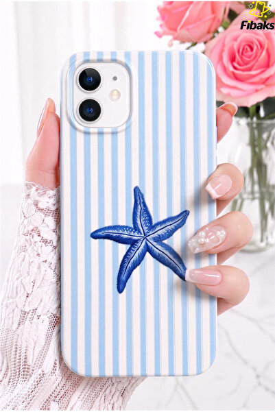Fibaks iPhone 11 Kılıf Mavi Deniz Yıldızı Desenli Çizgili Kadifemsi Soft Touc...