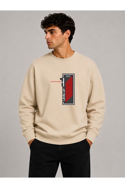 herkesemoda Level up Pattern Printed Crew Neck 2 Thread Sweatshirt