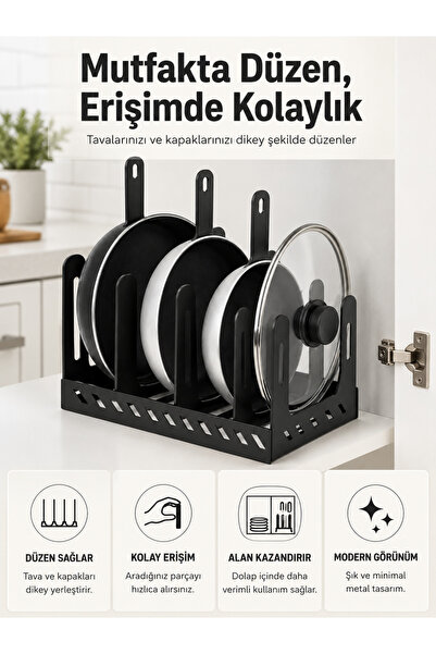 DM METAL Dikey Metal Tava ve Kapak Düzenleyici 5 Bölmeli Mutfak Dolabı Organi...