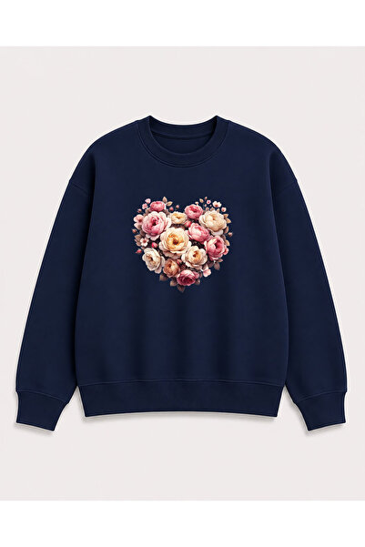 herkesemoda Heart and Roses Print Detailed Crew Neck 2 Thread Sweatshirt
