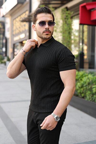 pazarella Men's knit pattern collar short sleeve knitwear t-shirt