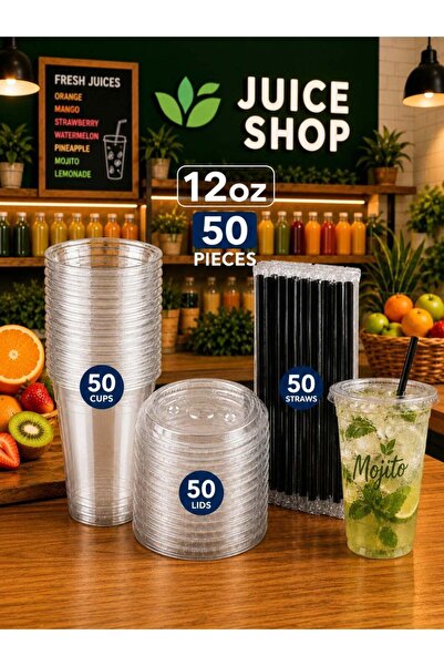 RENOVO 50 قطعة من الأكواب البلاستيكية الشفافة سعة 12 أونصة مع أغطية مسطحة وشف...