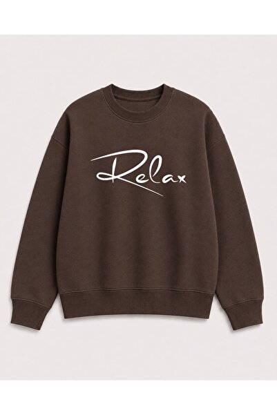 herkesemoda Relax Lettering Print Detailed Embroidered 2 Thread Crew Neck Swe...