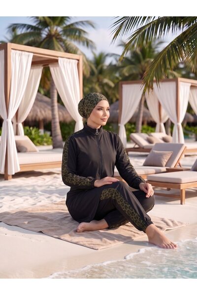 EBRUTESETTÜR ملابس سباحة إسلامية مزينة بالليوبارد باللون الكاكي
